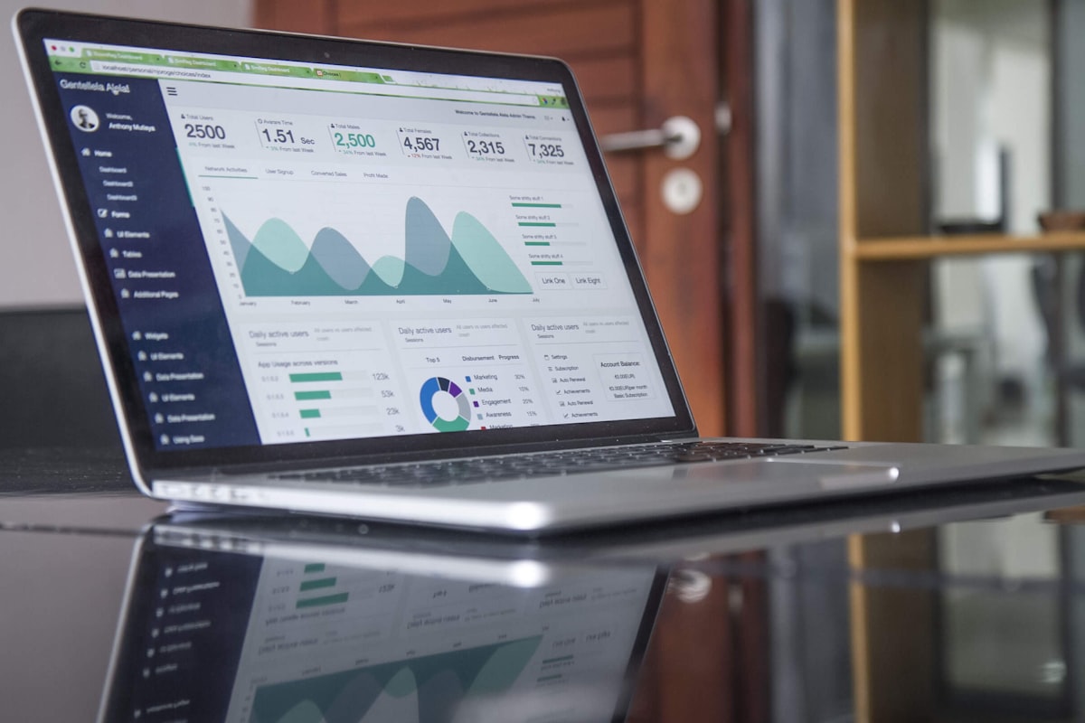Two computer monitors displaying ad campaign analytics.
